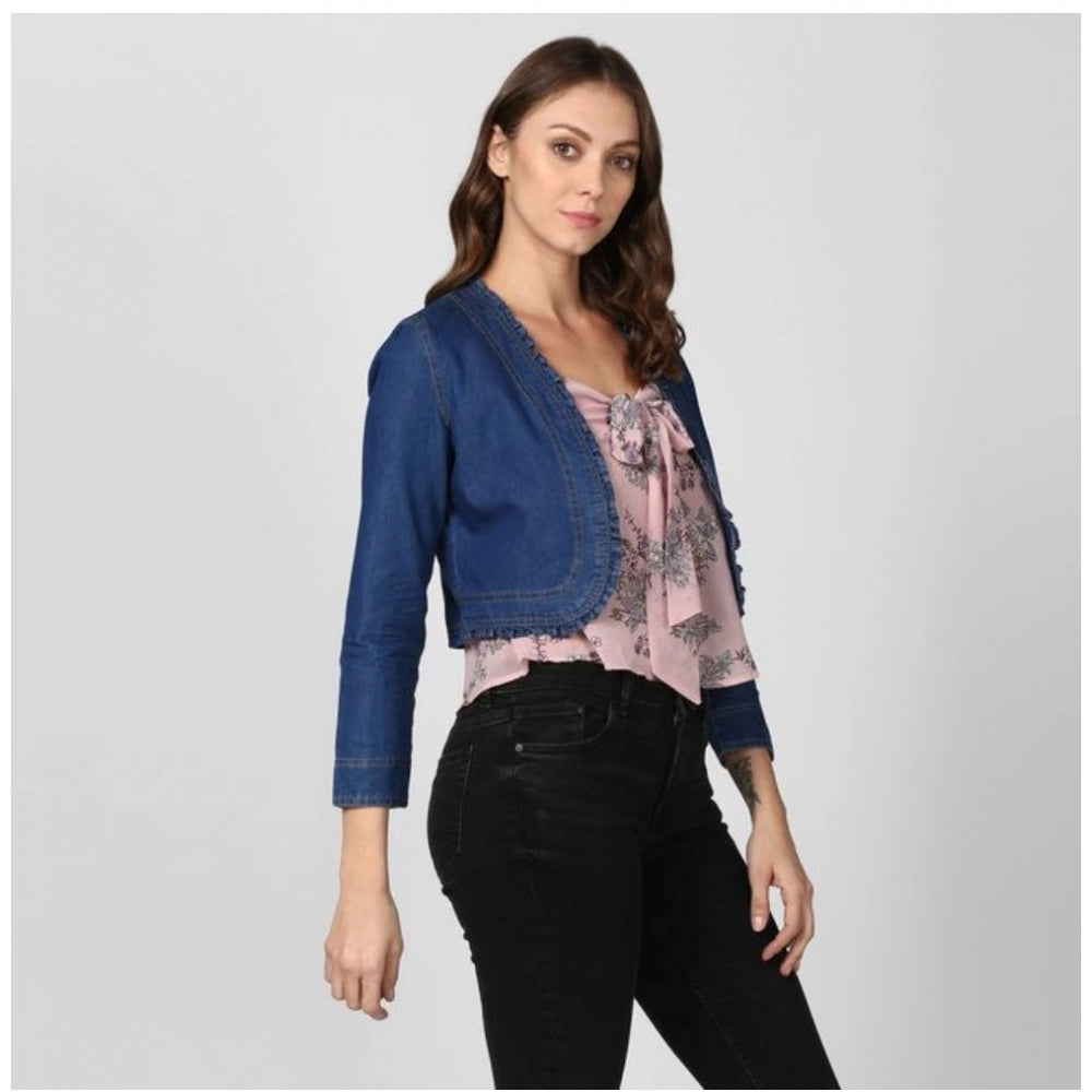 Women'S Denim Ruffled Long Sleeves Shrug (Navy Blue)