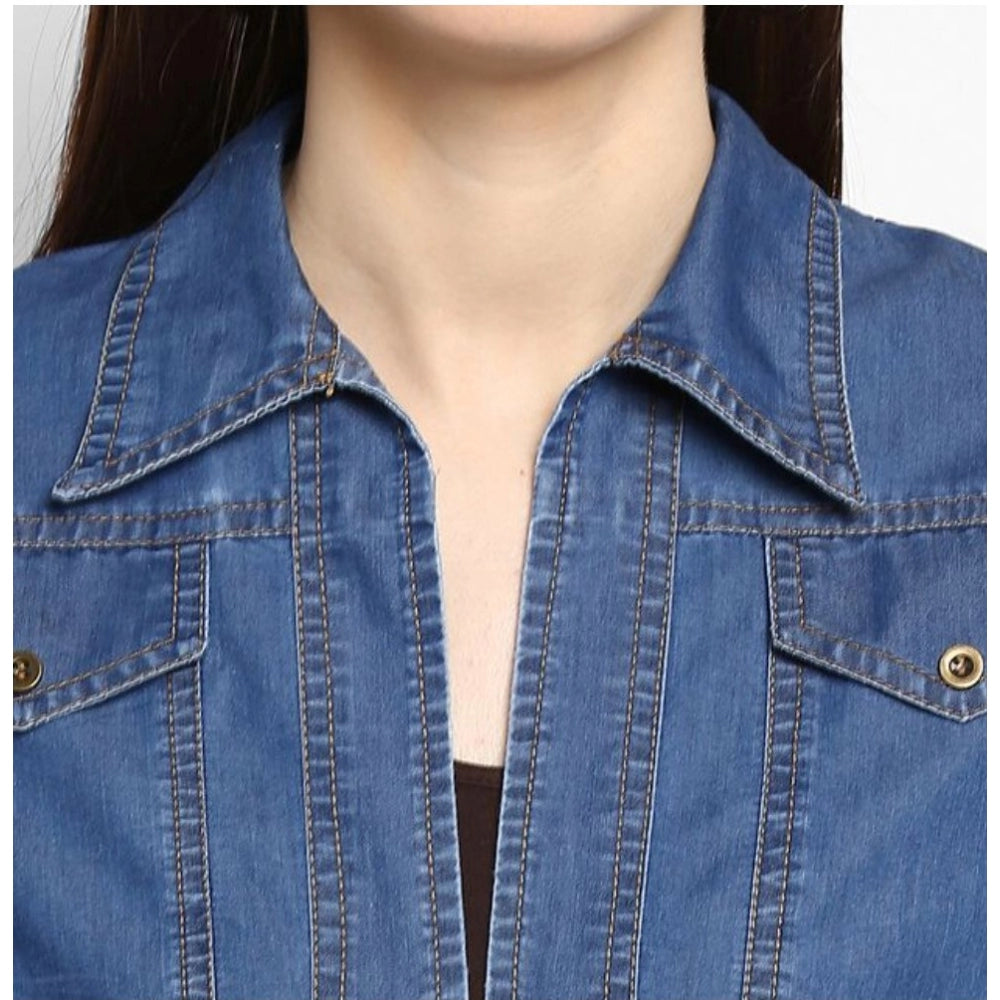 Women'S Denim Solid 3-4Th Sleeves Shrug (Blue)