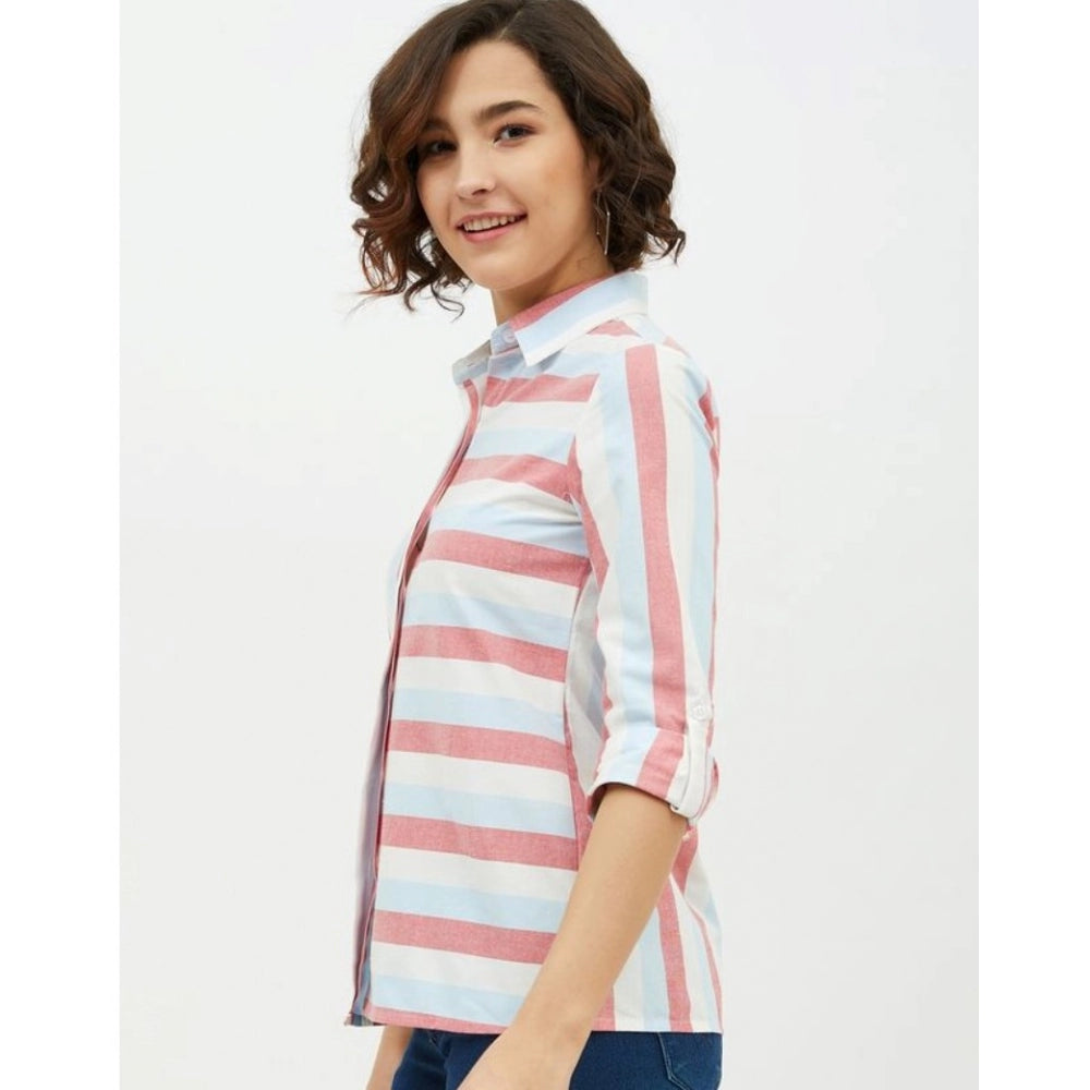 Women'S Cotton Striped Long Sleeves Standard Length Shirt (Pin