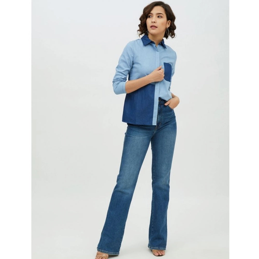 Women'S Denim Patch Work Long Sleeves Standard Length Shirt (B