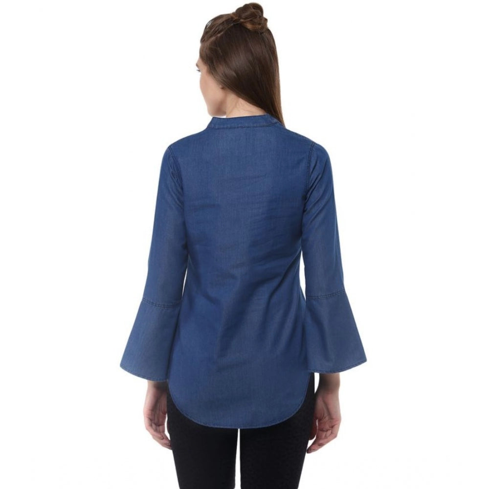 Women'S Denim Solid Bell Sleeve Regular Top (Blue Denim)