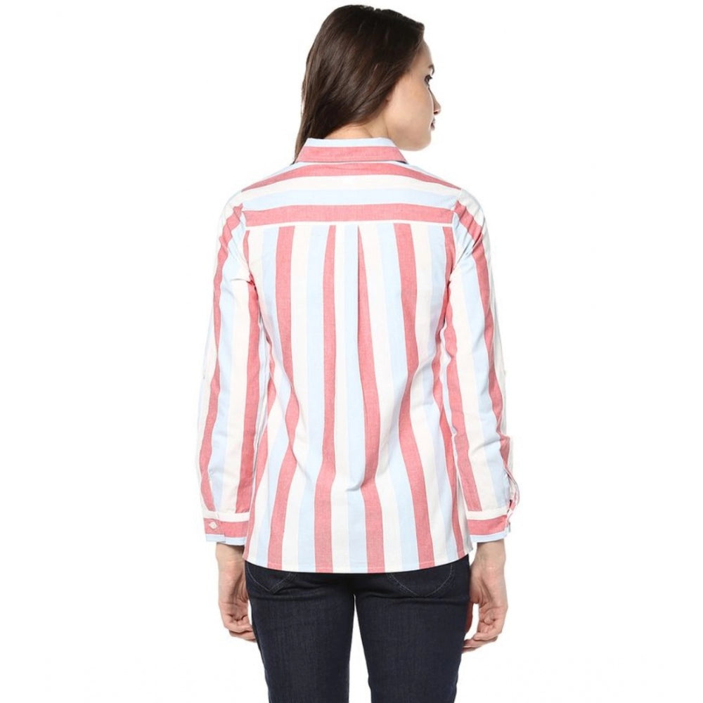 Women'S Cotton Striped Roll Up Sleeve Regular Top (Red)