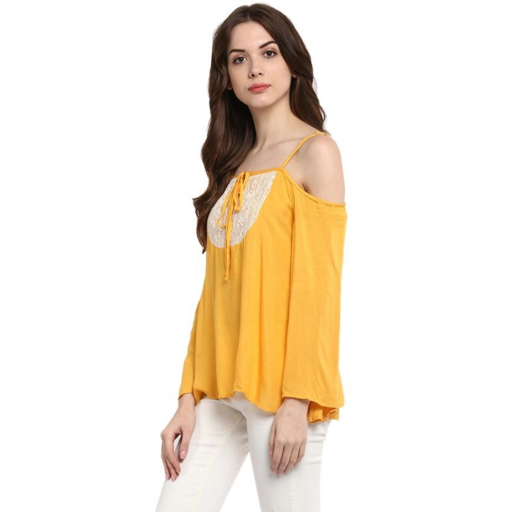 Women'S Rayon Embellished Cold Shoulder Regular Top (Mustard Y