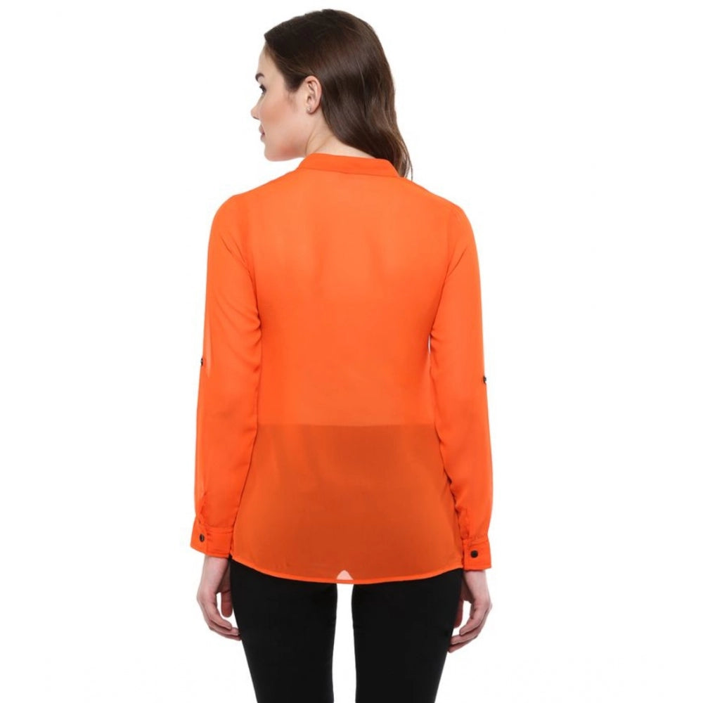 Women'S Polyester Solid Long Sleeves Regular Top (Orange)