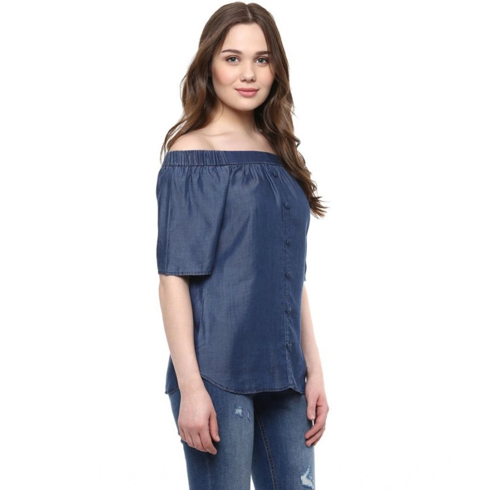 Women'S Denim Solid Short Sleeve Regular Top (Blue)
