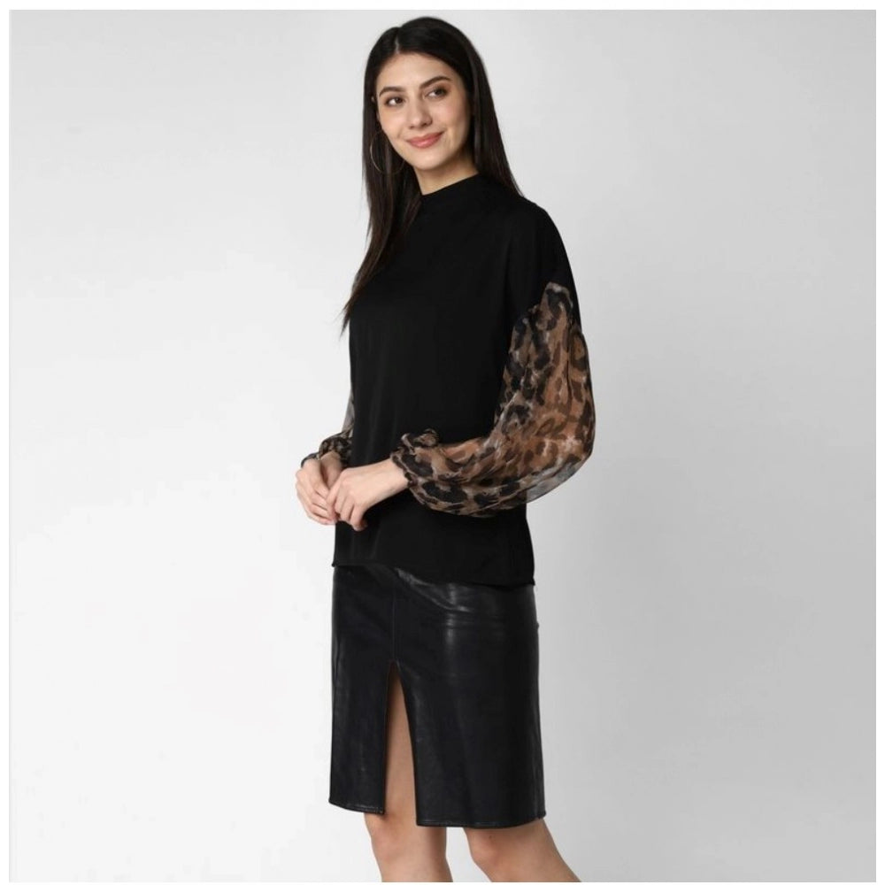 Women'S Polyester Animal Print Long Sleeves Top (Black)