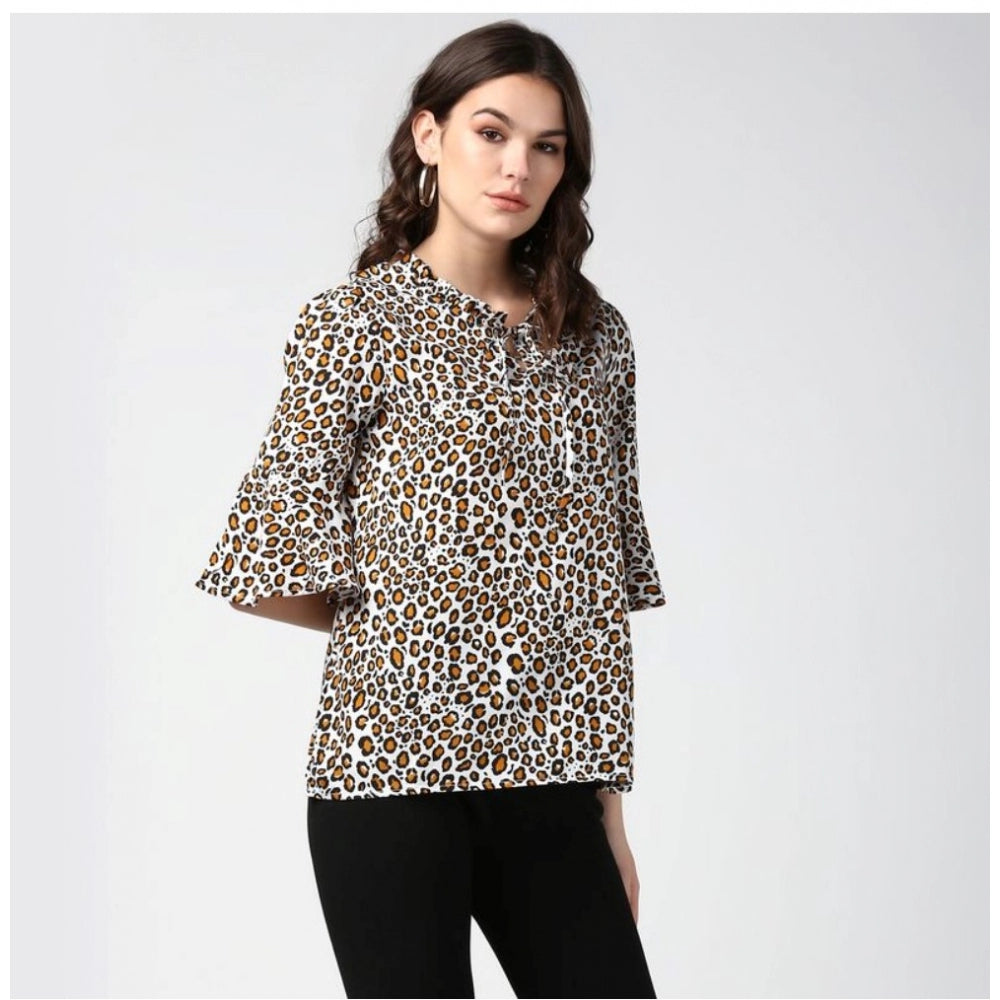 Women'S Polyester Animal Print Bell Sleeve Top (Orange - Black