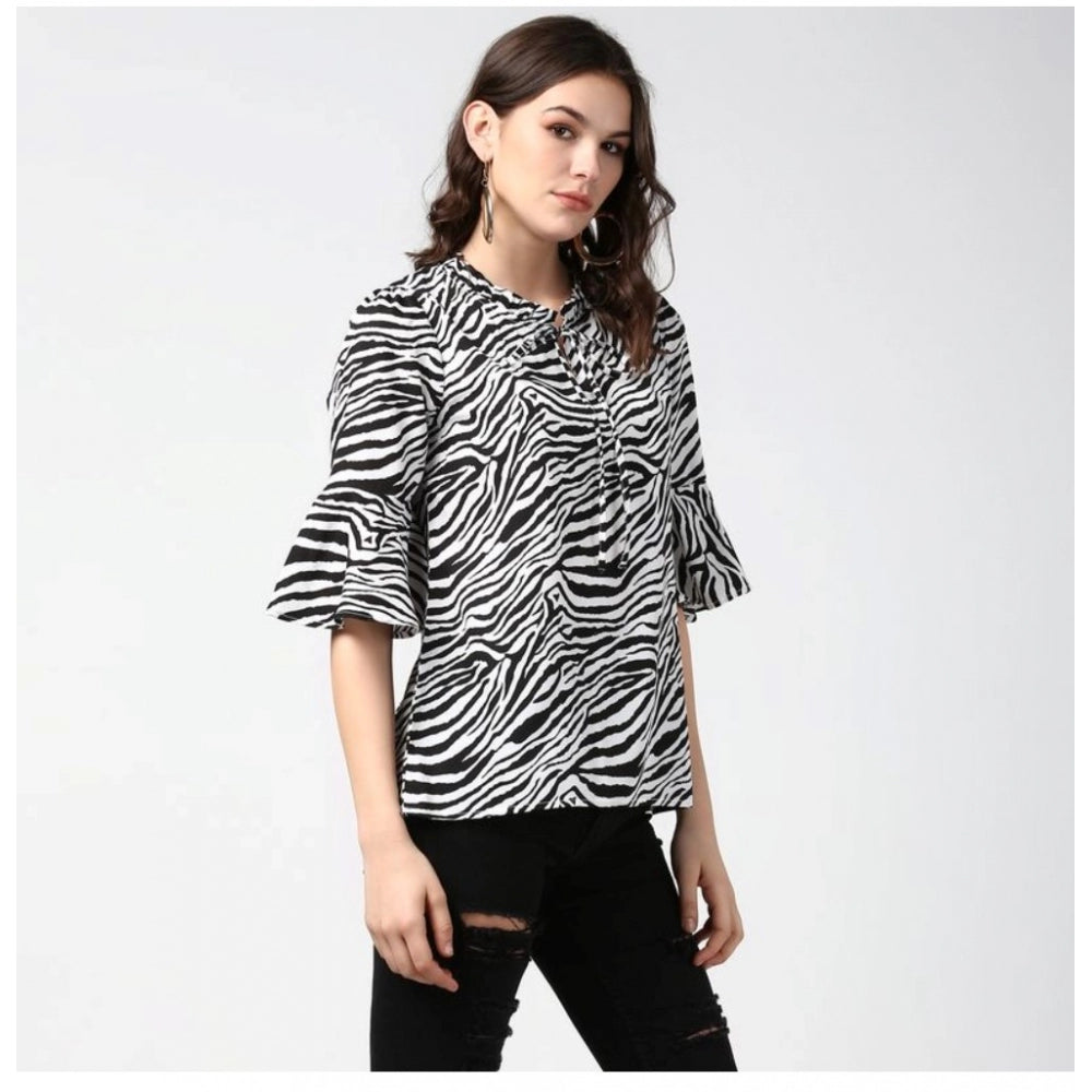 Women'S Polyester Animal Print Bell Sleeve Top (Black - White)