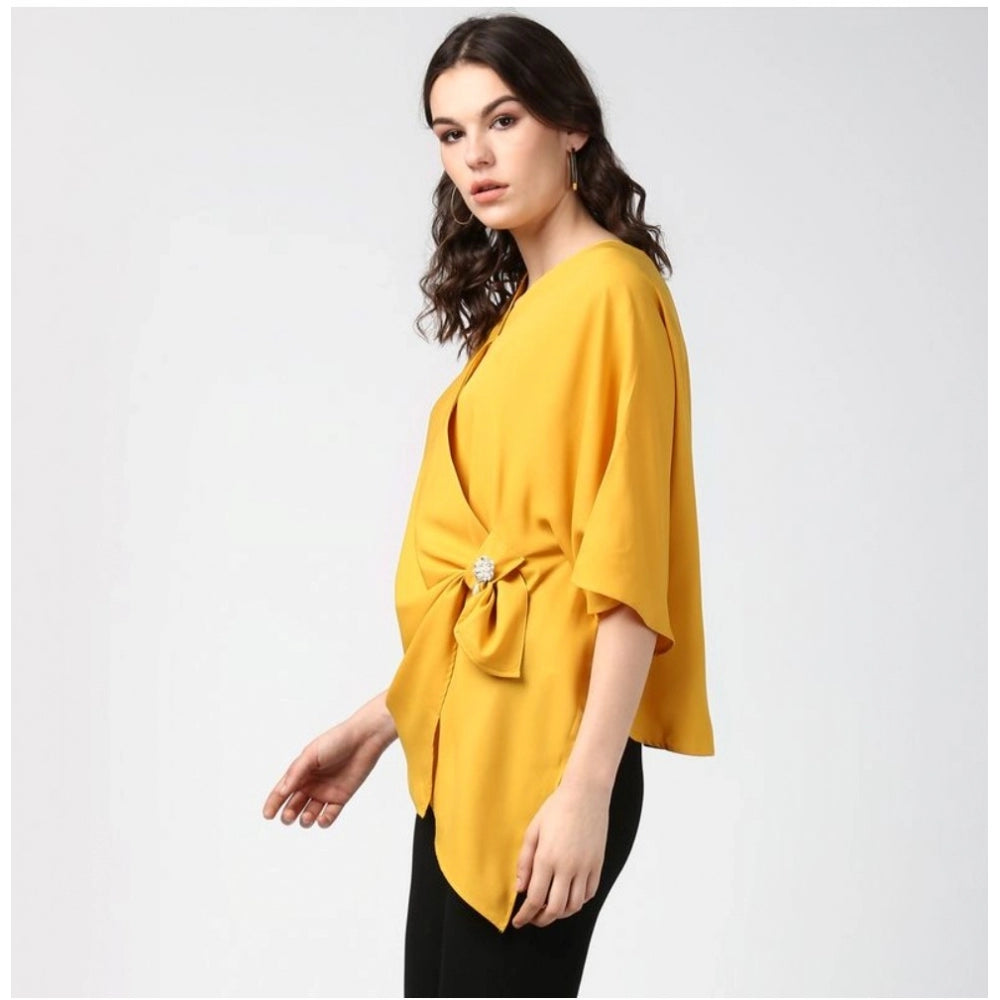 Women'S Polyester Solid Cape Sleeve Top (Yellow)