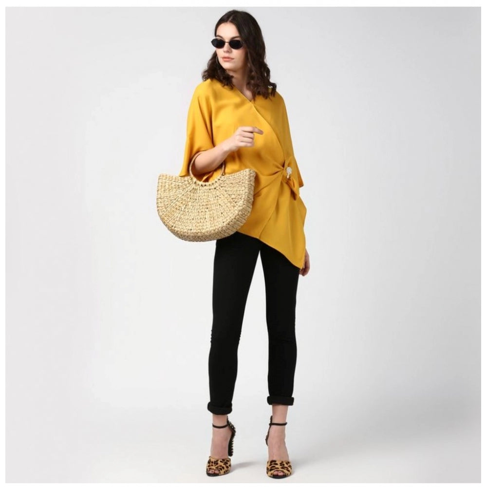Women'S Polyester Solid Cape Sleeve Top (Yellow)