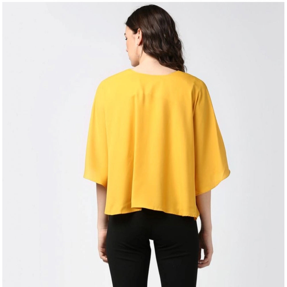Women'S Polyester Solid Cape Sleeve Top (Yellow)