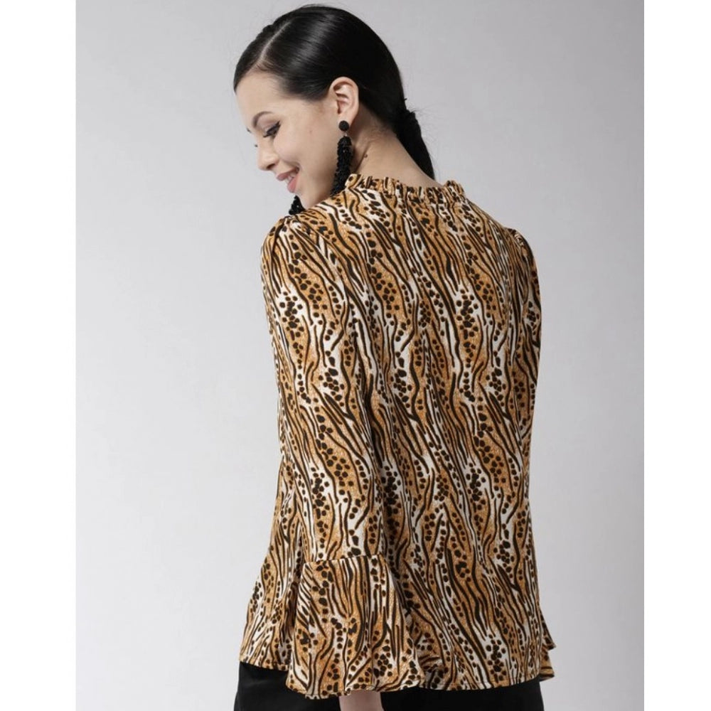 Women'S Polyester Printed Bell Sleeve Top (Orange - Black)