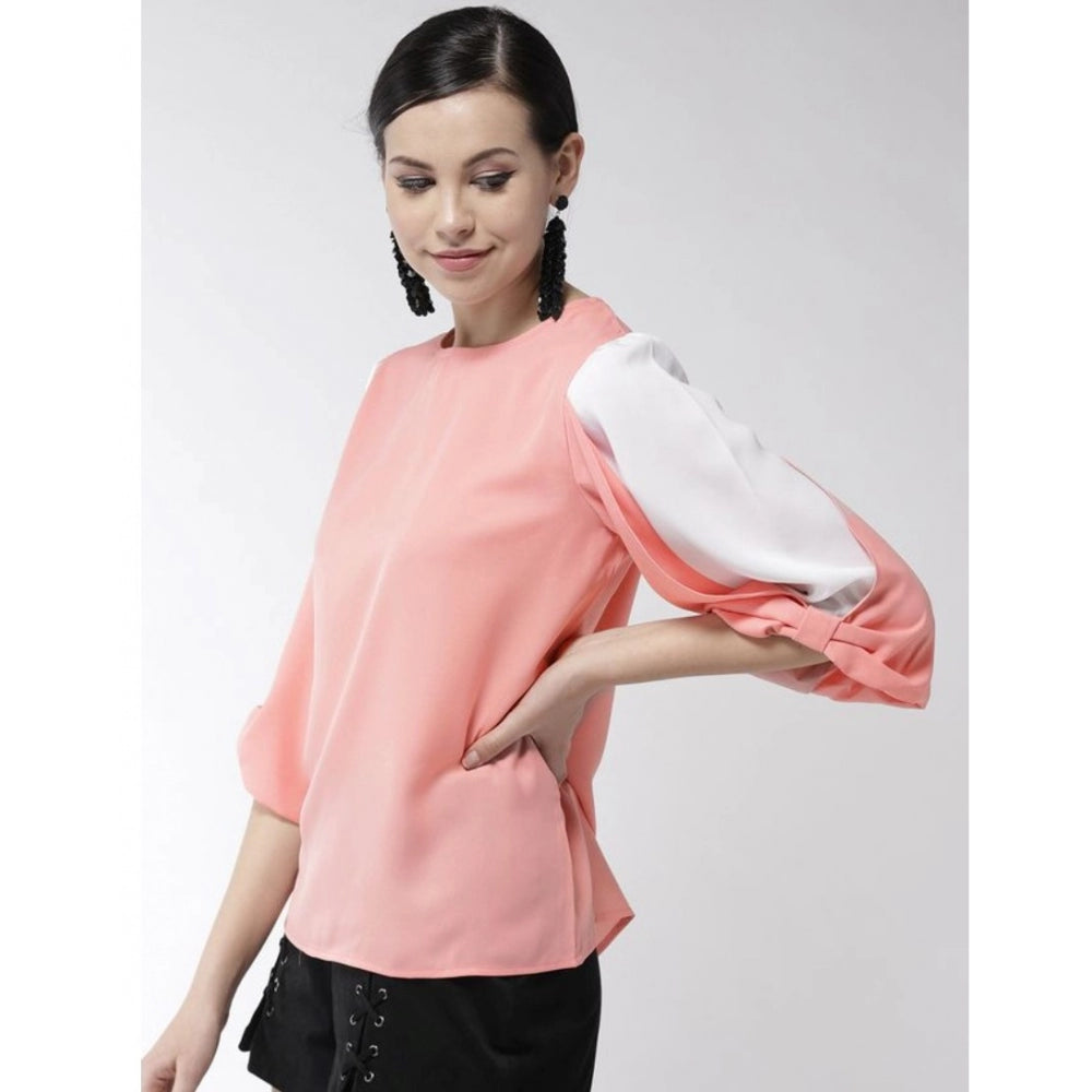 Women'S Polyester Colour Block Slit Sleeve Top (Pink)