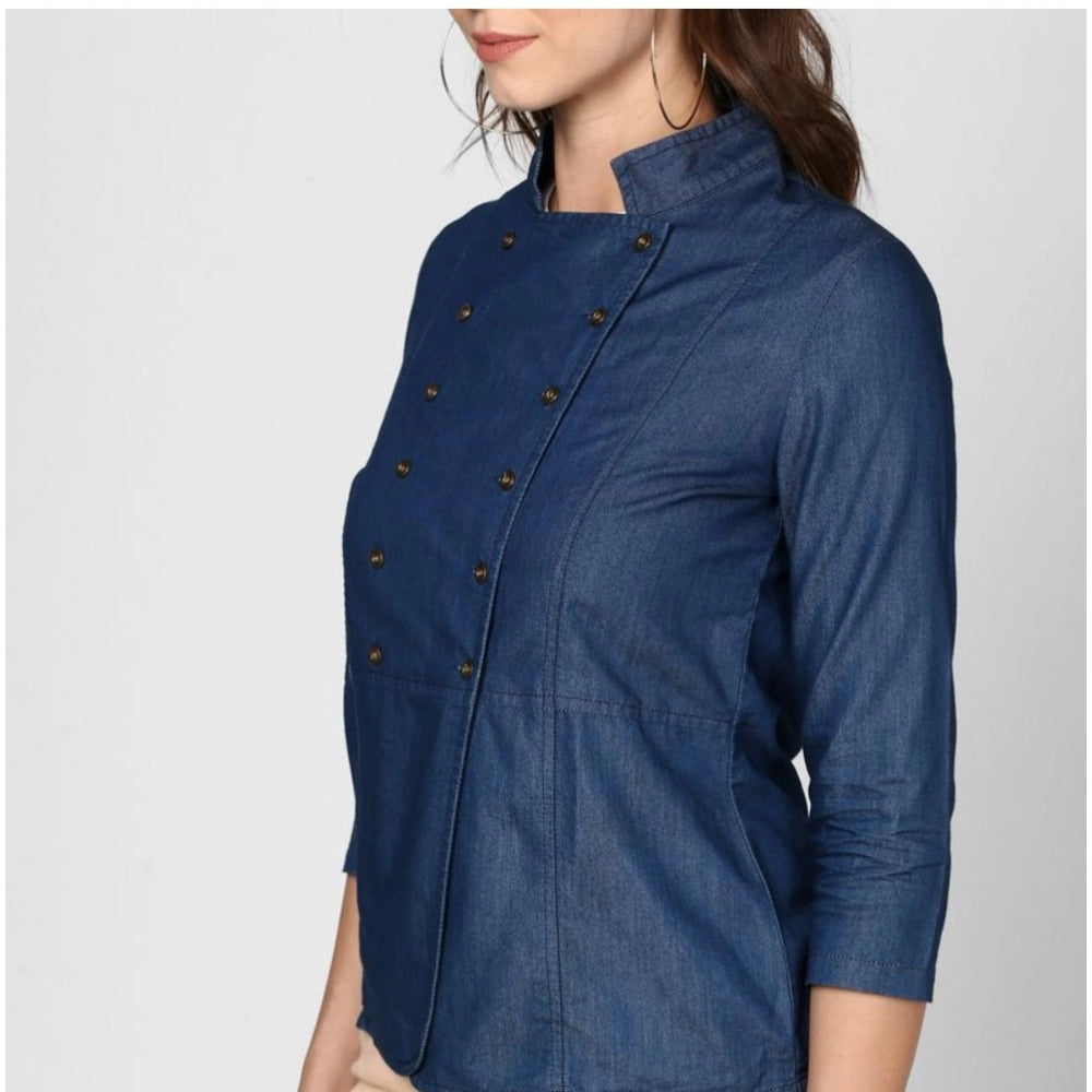 Women'S Denim Solid 3-4Th Sleeves Top (Blue)