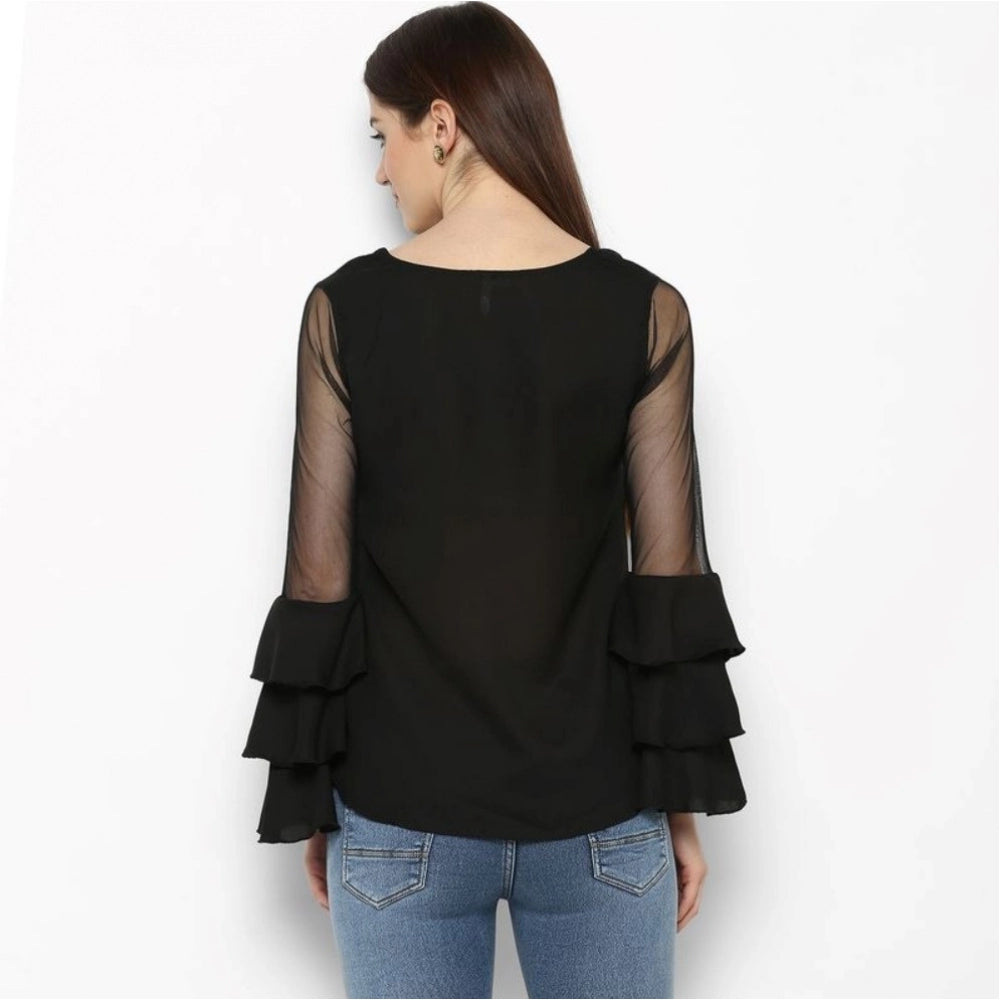 Women'S Polyester Solid Tier Sleeve Top (Black)