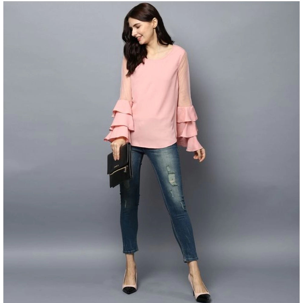 Women'S Polyester Solid Tier Sleeve Top (Pink)
