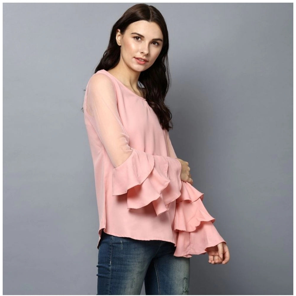 Women'S Polyester Solid Tier Sleeve Top (Pink)