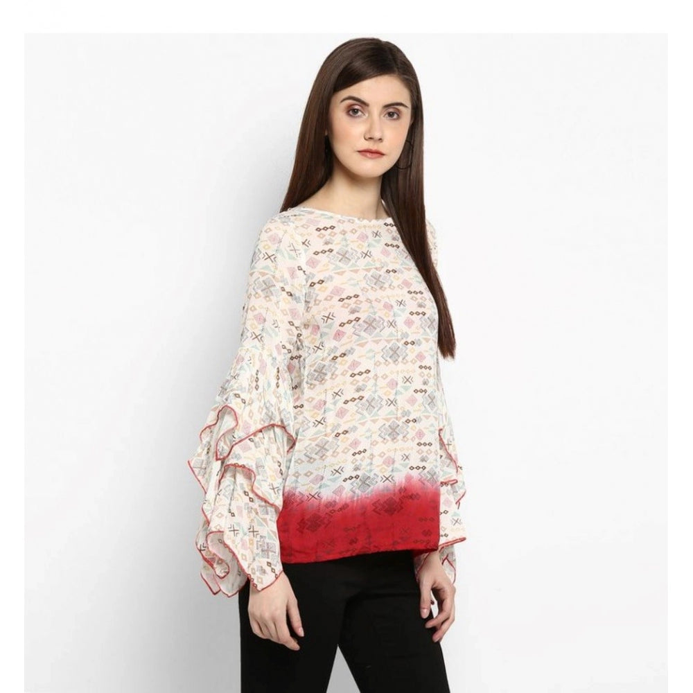 Women'S Rayon Crepe Printed Ruffle Sleeve Top (Off White - Red