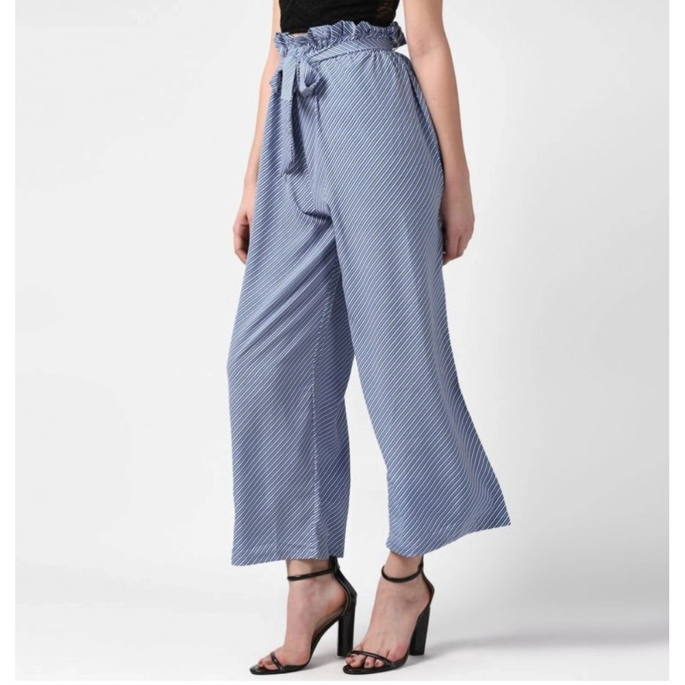 Women'S Polyester Striped Elasticated Trousers (Blue)