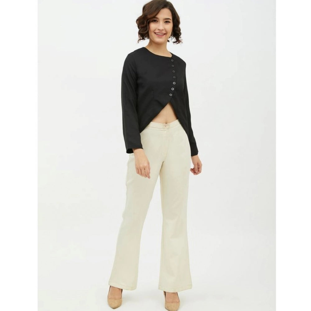 Women'S Polyester Asymmetrical Long Sleeves Top (Black)