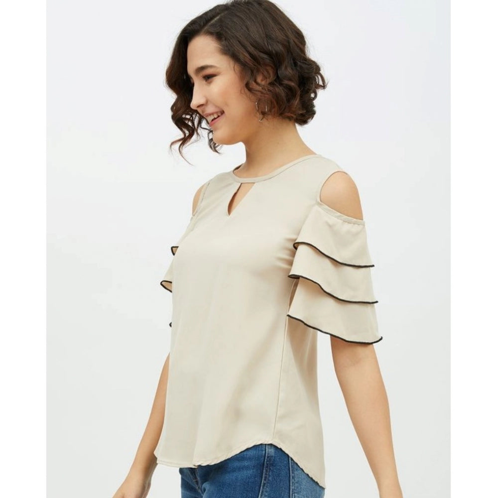 Women'S Polyester Tiered Cold Shoulder Top (Beige)