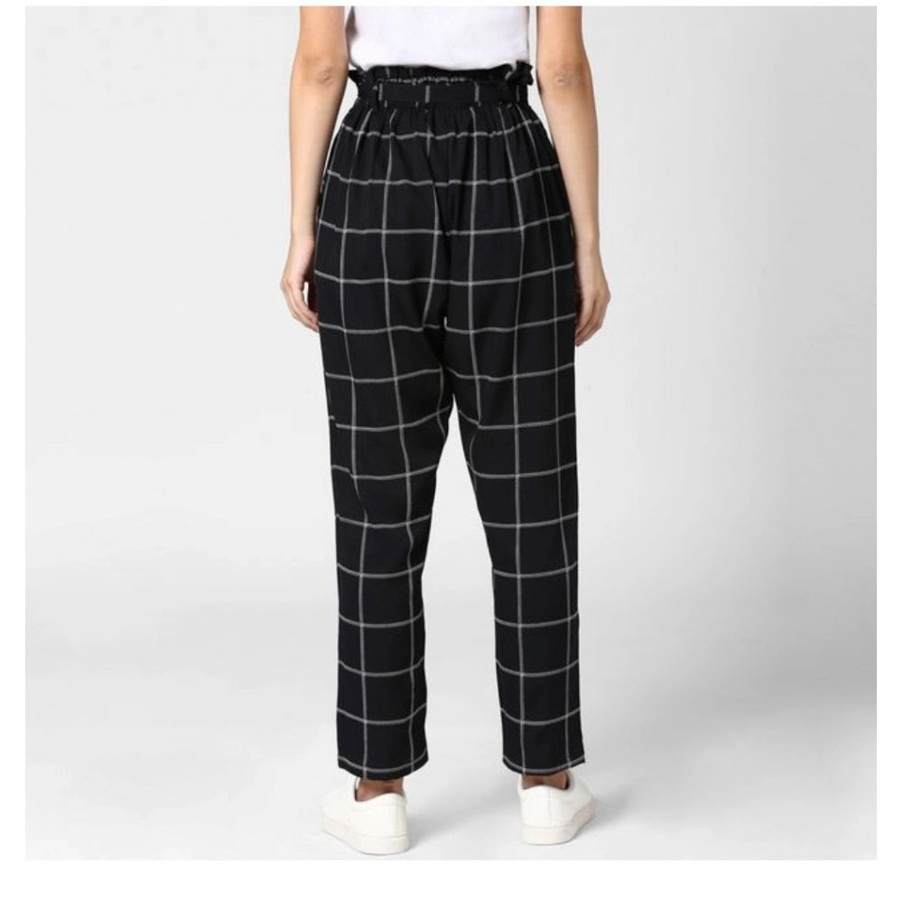 Women'S Polyester Checkered Elasticated Trousers (Black - Whit
