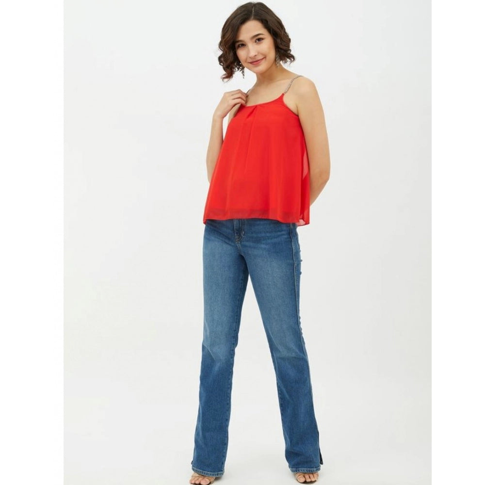 Women'S Polyester Embellished Shoulder Straps Top (Red)