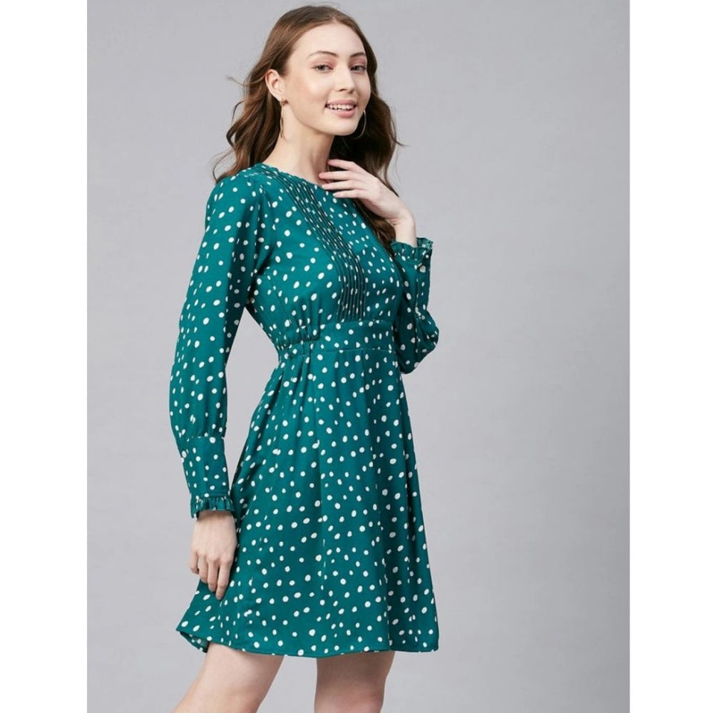 Women'S Polyester Polka Long Sleeves Above Knee Dress (Green