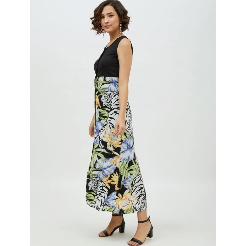 Women'S Rayon Floral Sleeveless Calf-Length Dress (Multicolor)
