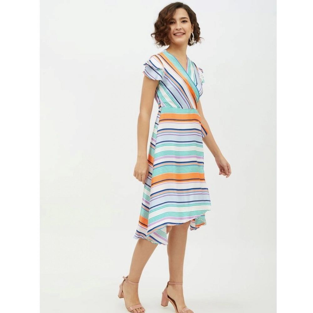 Women'S Satin Striped Short Sleeve Knee-Length Dress (Multicol