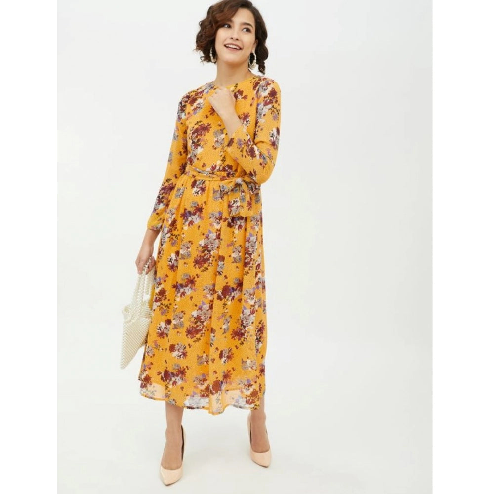 Women'S Polyester Floral Long Sleeves Calf-Length Dress (Multi
