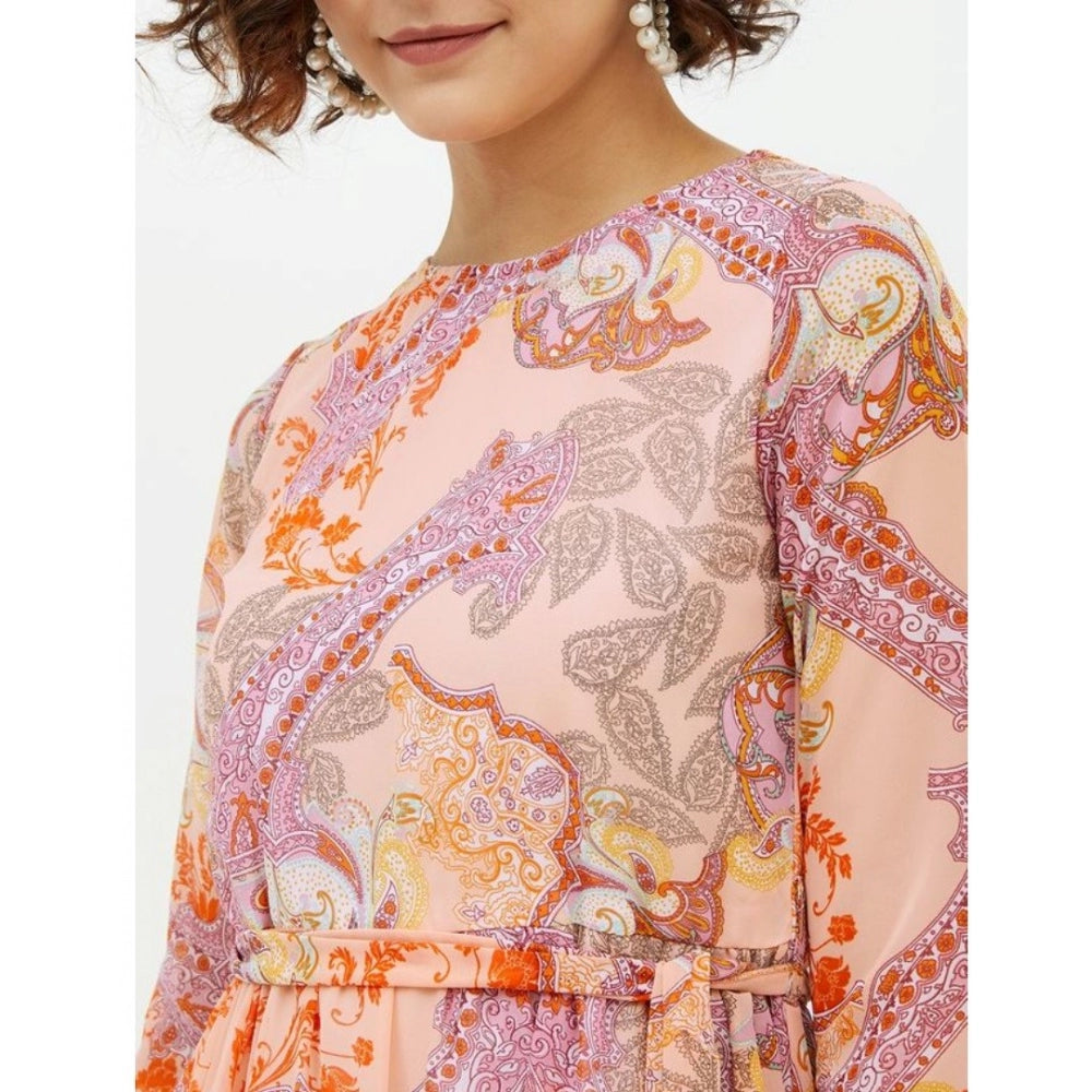 Women'S Polyester Printed Long Sleeves Calf-Length Dress (Mult