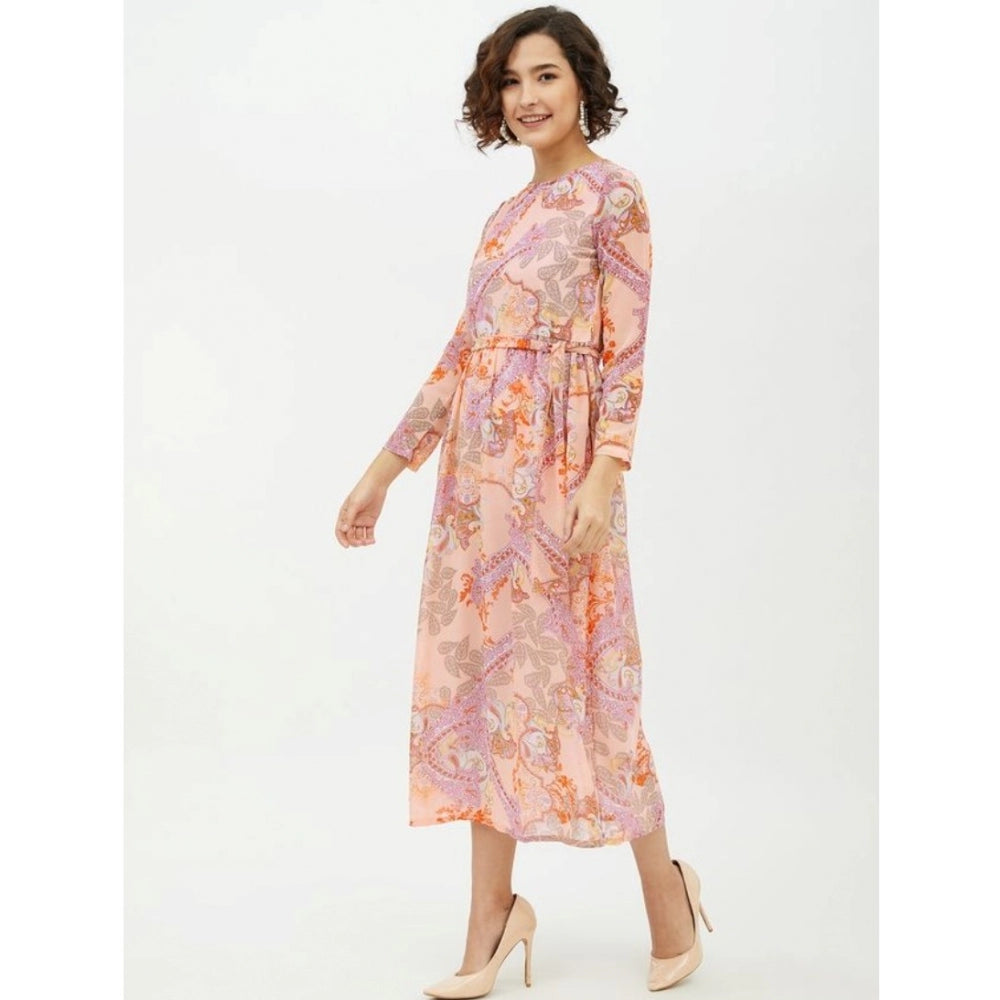 Women'S Polyester Printed Long Sleeves Calf-Length Dress (Mult
