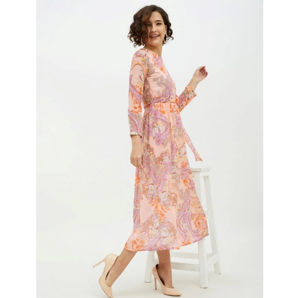 Women'S Polyester Printed Long Sleeves Calf-Length Dress (Mult