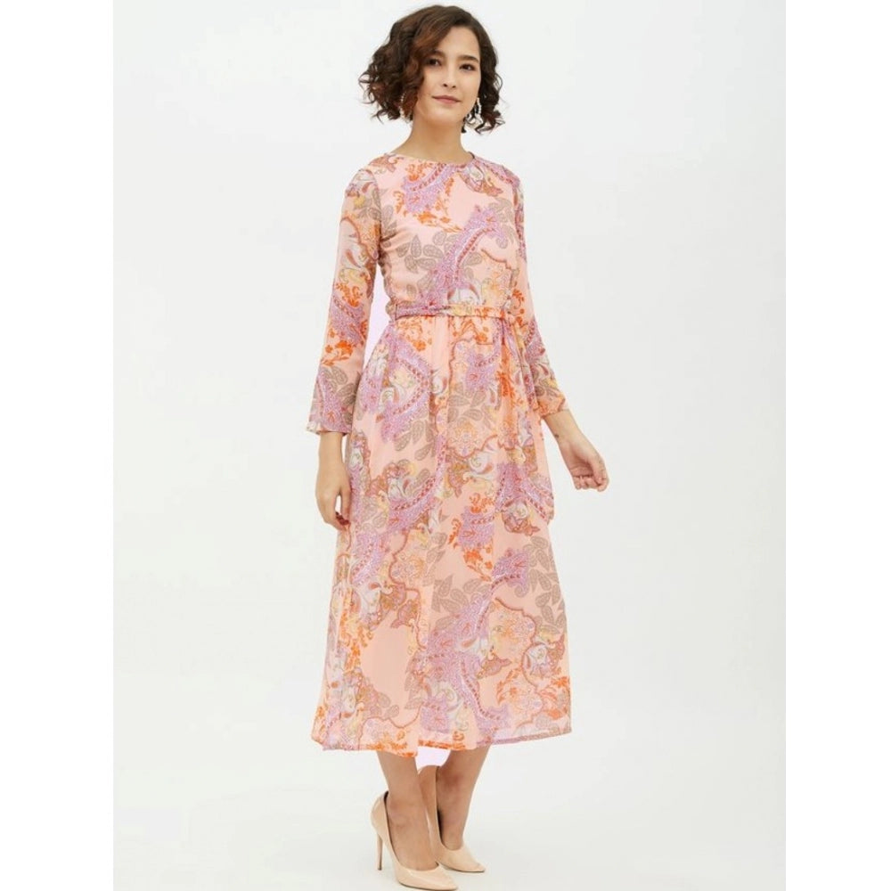 Women'S Polyester Printed Long Sleeves Calf-Length Dress (Mult