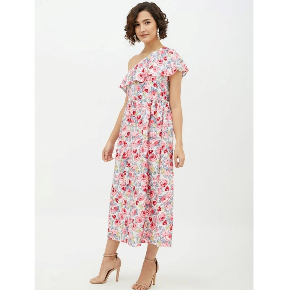Women'S Polyester Floral One Shoulder Calf-Length Dress (Multi