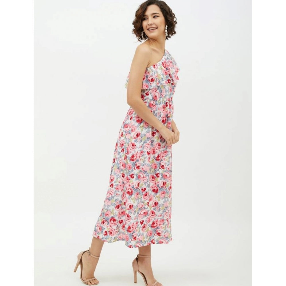 Women'S Polyester Floral One Shoulder Calf-Length Dress (Multi