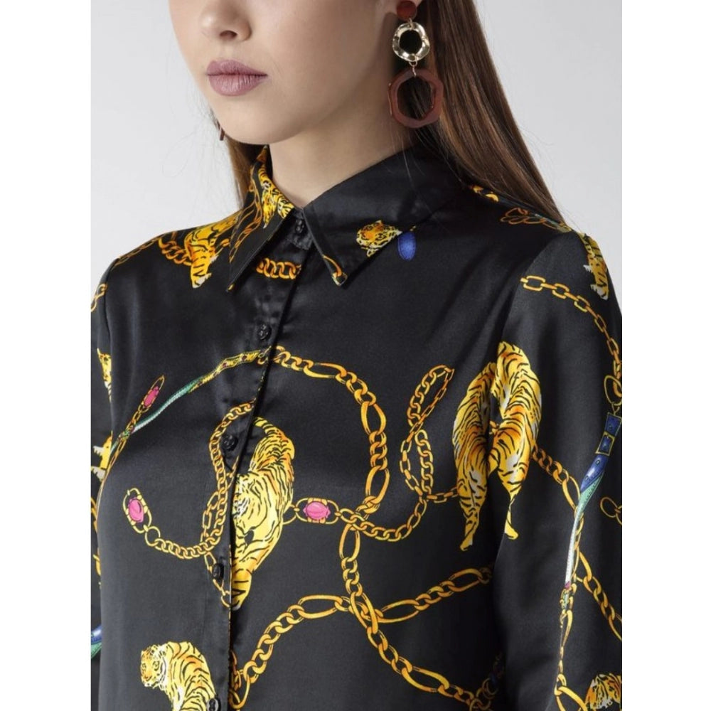 Women'S Satin Printed Long Sleeves Standard Length Shirt (Blac