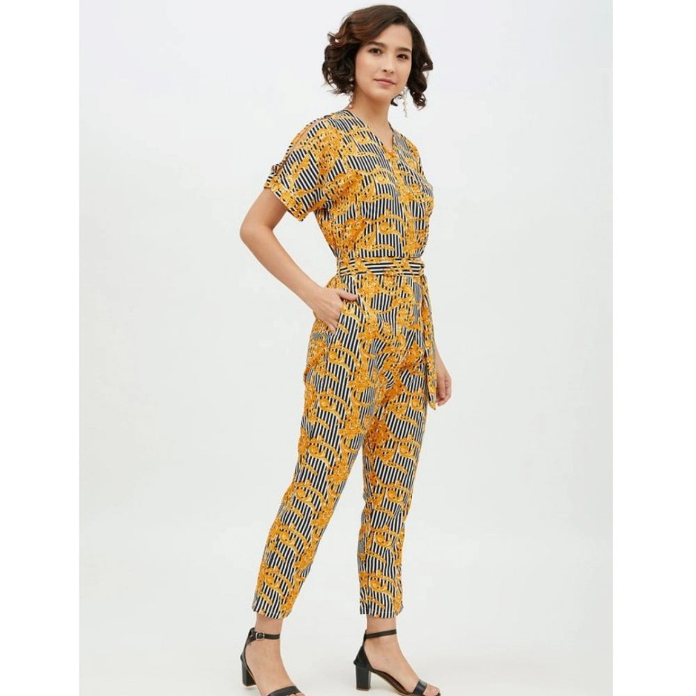 Women'S Polyester Printed Half Sleeve Long Jumpsuit (Yellow)