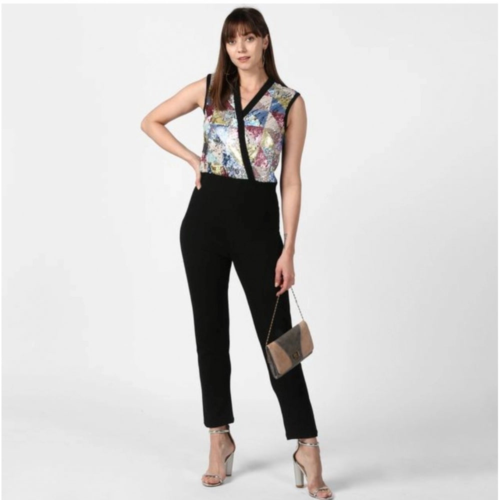 Women'S Polyester Embellished Sleeveless Jumpsuit (Black)