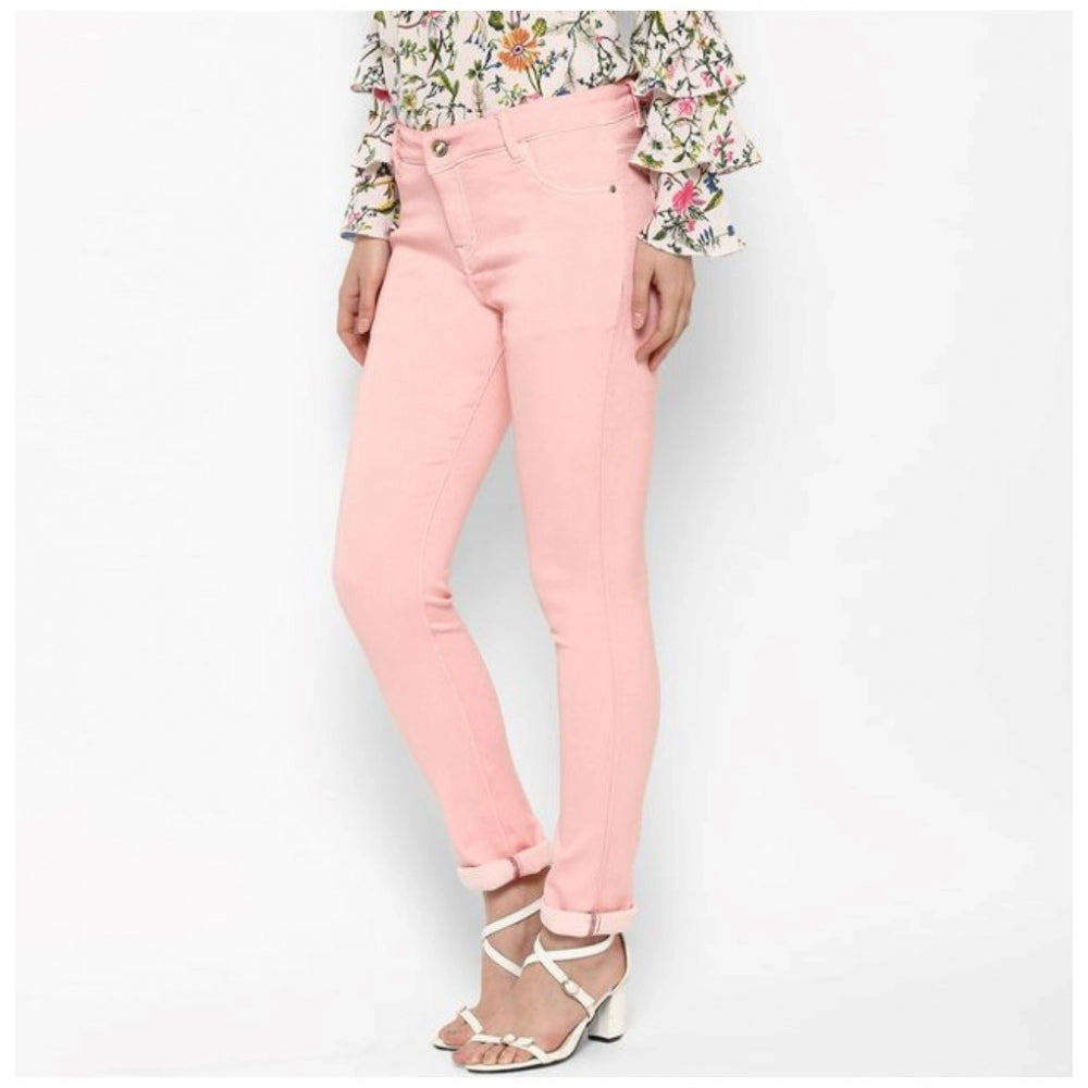 Women'S Denim Solid Buttoned Jeans (Pink)