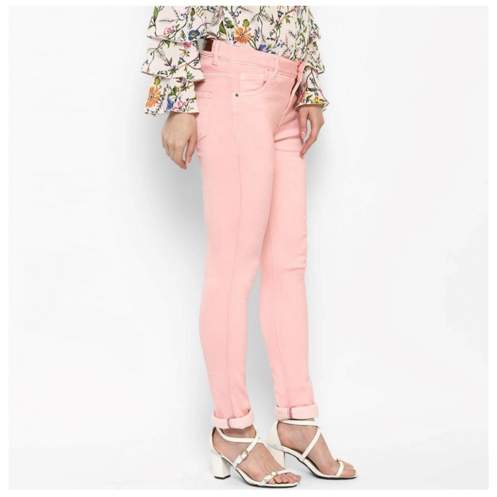 Women'S Denim Solid Buttoned Jeans (Pink)