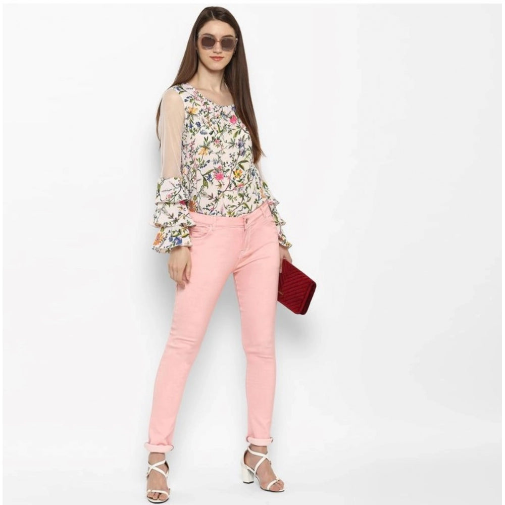 Women'S Denim Solid Buttoned Jeans (Pink)