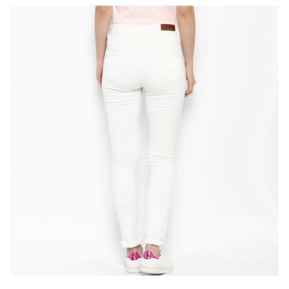 Women'S Denim Solid Buttoned Jeans (White)