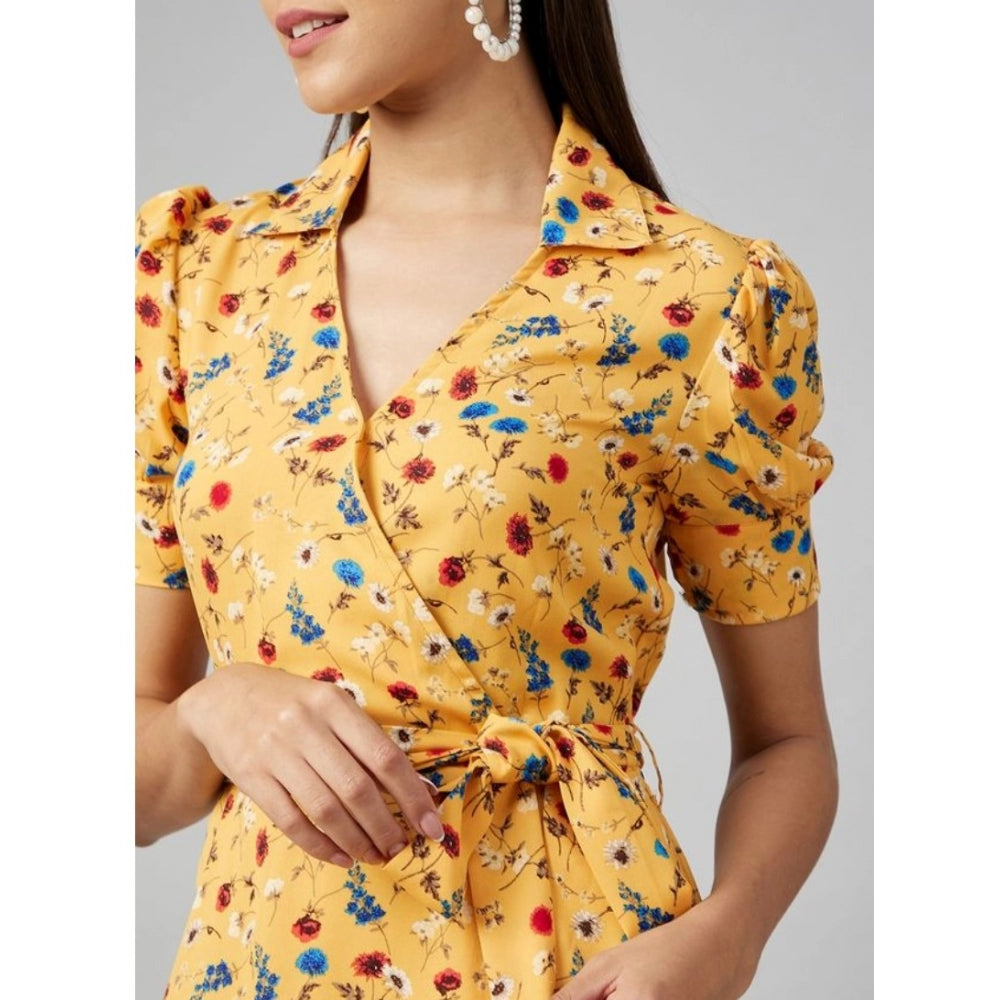 Women'S Polyester Floral Short Sleeve Above Knee Dress (Yellow