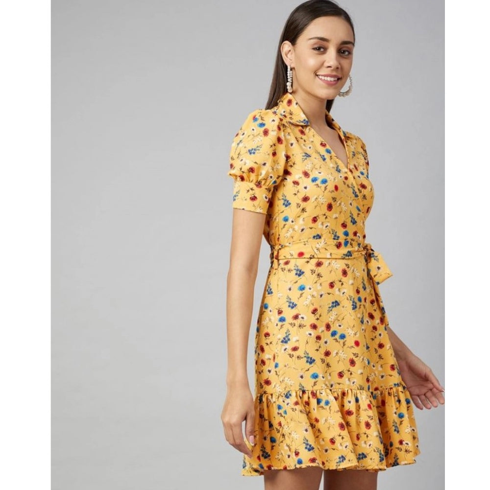 Women'S Polyester Floral Short Sleeve Above Knee Dress (Yellow