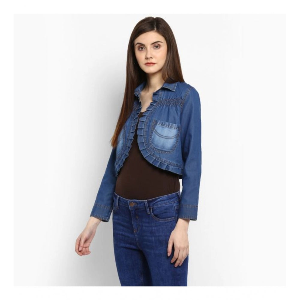Women'S Denim Pleated 3-4Th Sleeves Shrug (Blue)