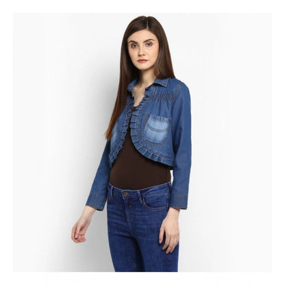 Women's Denim Pleated 3-4th Sleeves Shrug (Blue)