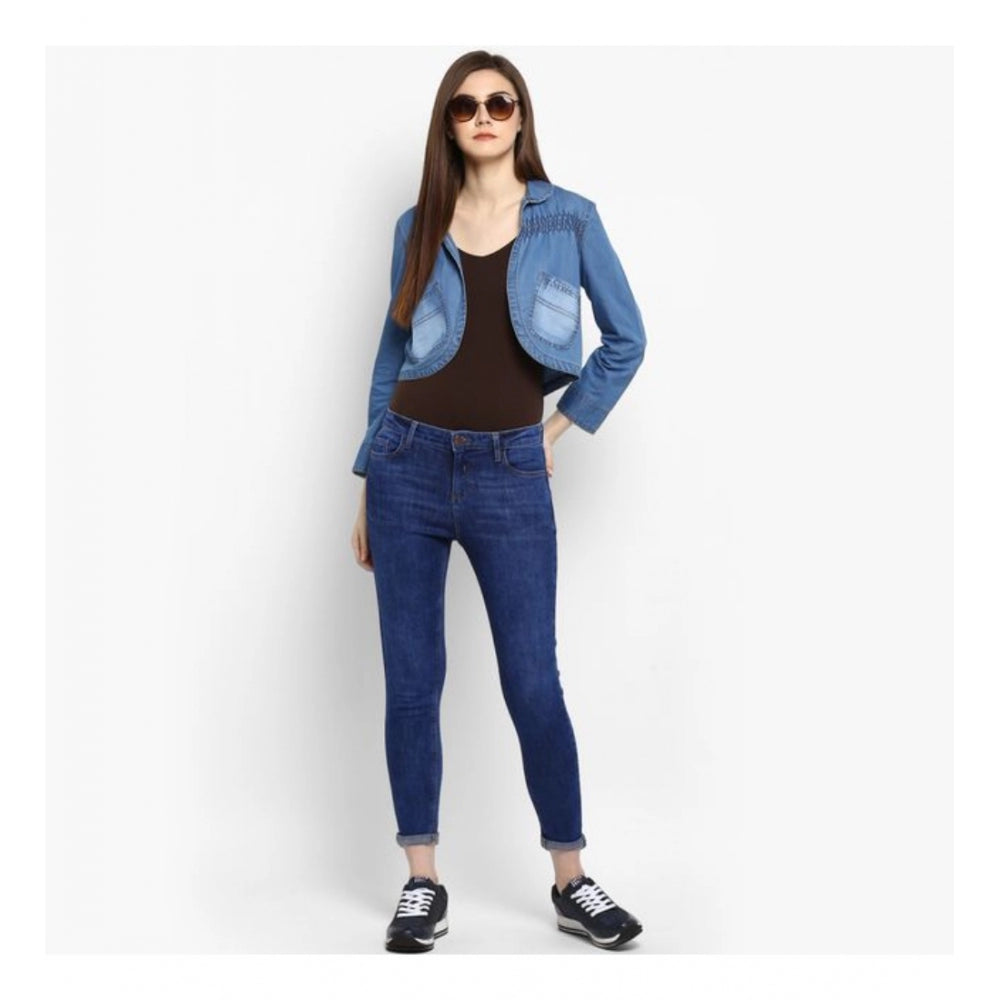 Women'S Denim Smocking 3-4Th Sleeves Shrug (Blue)