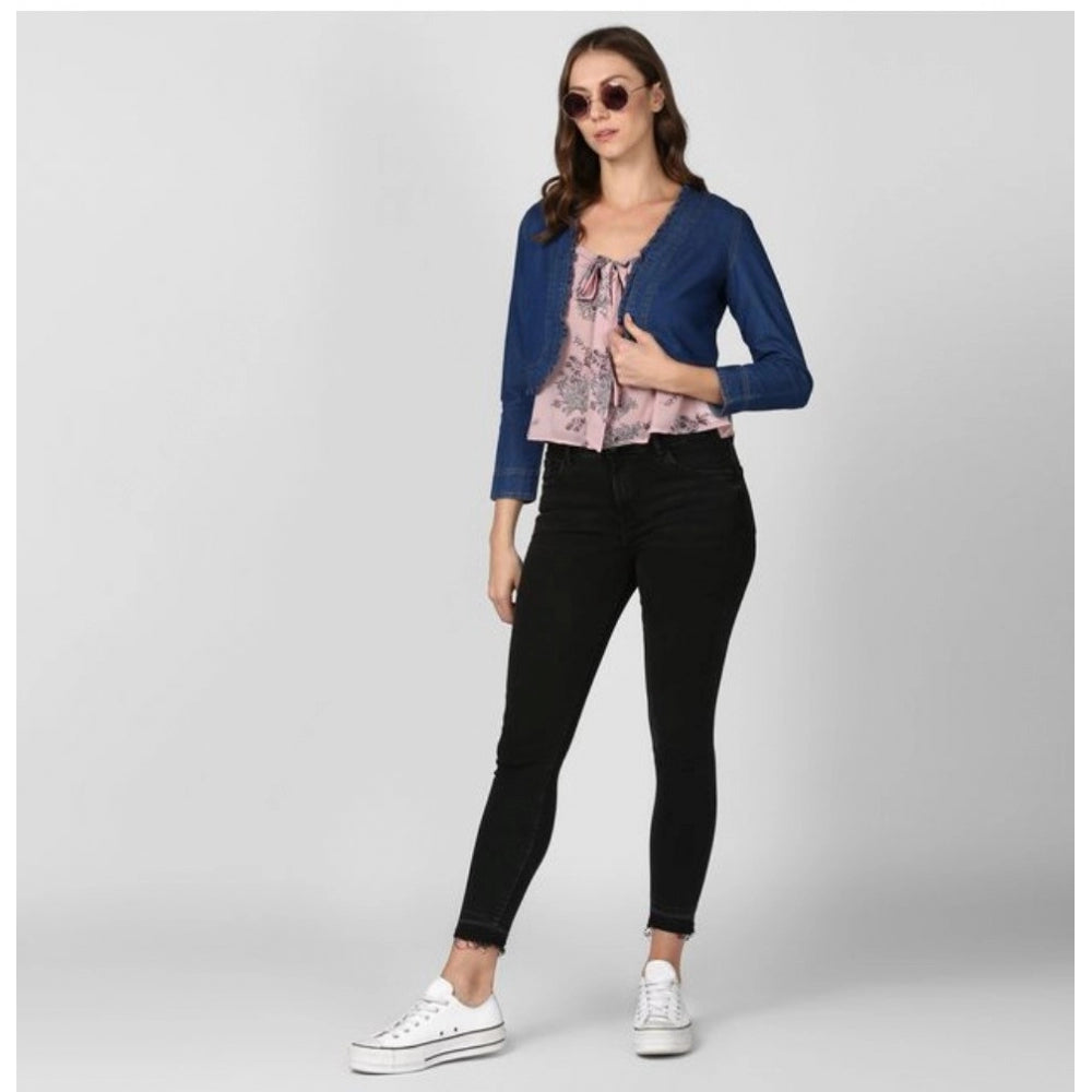 Women'S Denim Ruffled Long Sleeves Shrug (Navy Blue)